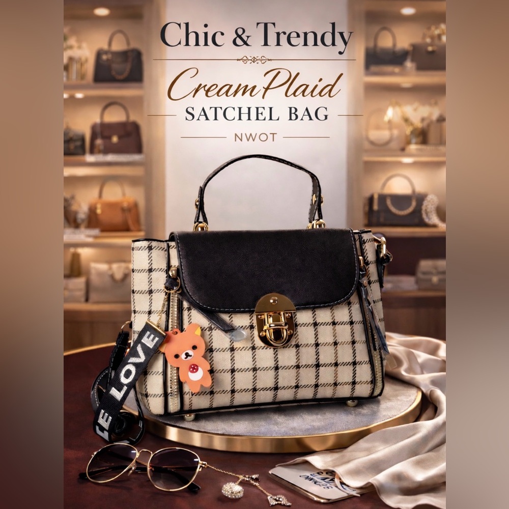 Satchel Bag in Cream Plaid NWOT